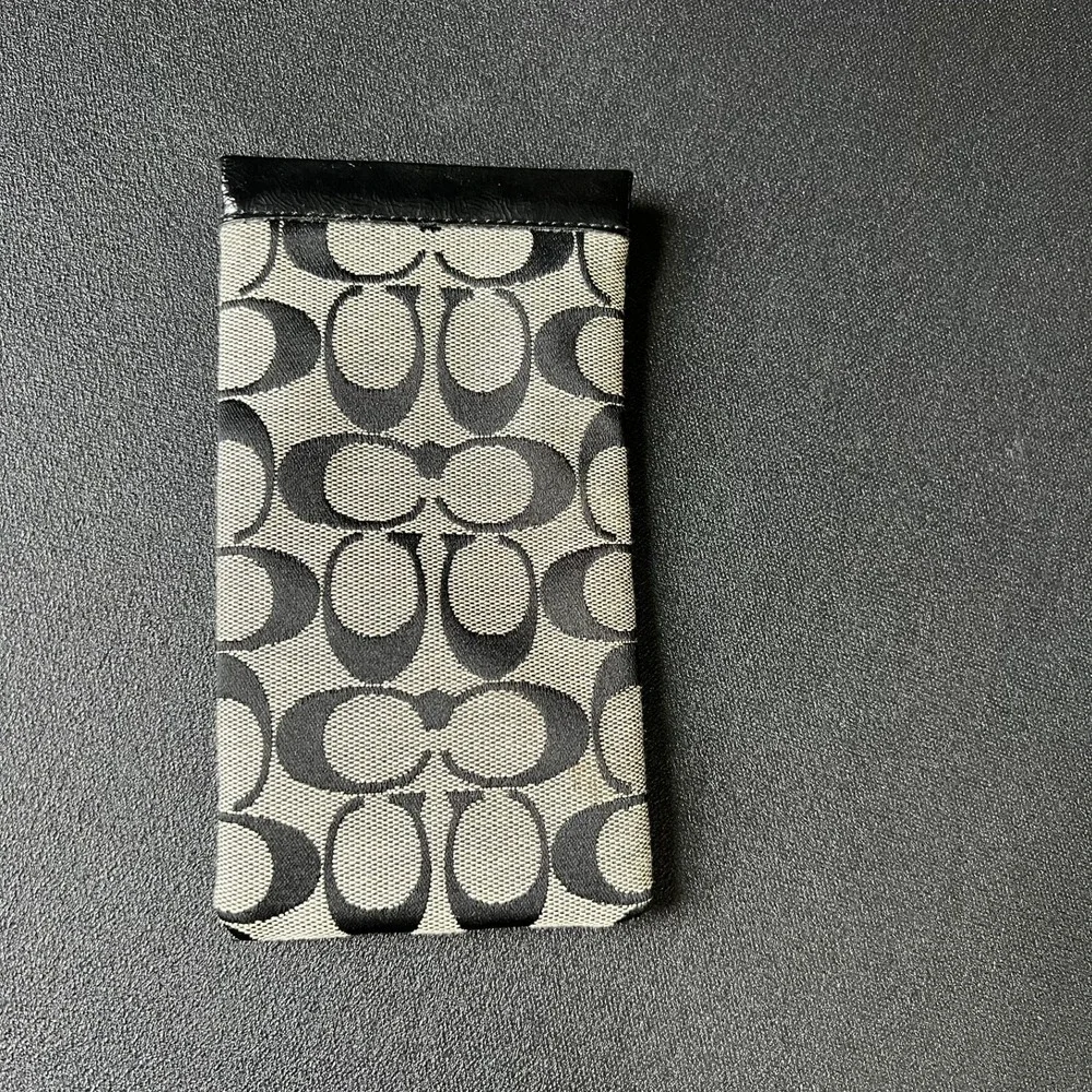 Vtg Coach Signature C Canvas Glasses Case Black Grey Leather Trim Logo Button
